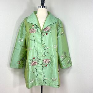 Gump's Chartreuse Satin Floral Embroidered Opera Jacket 2XL 3/4 Sleeves Pockets